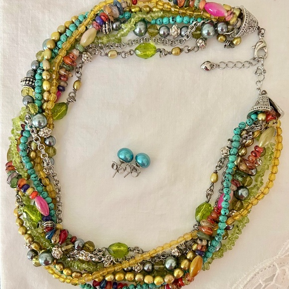 Multi-Colored Chunky Beaded Choker With Pierced Earrings - Picture 1 of 3
